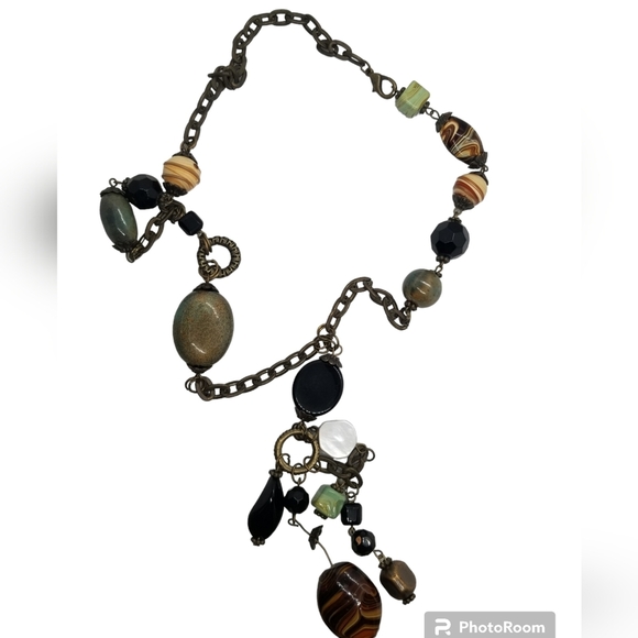 HIGH QUALITY ANTIQUE BRASS NECKLACE WITH MURANO ART GLASS PENDANTS - Picture 3 of 8
